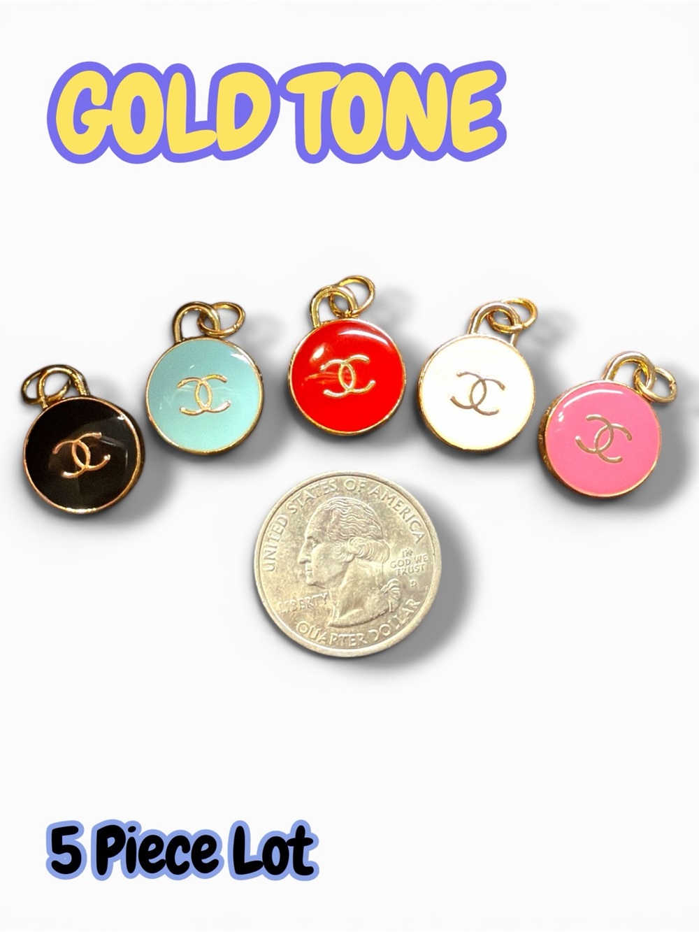 Lot Of 5 Round Small Gold Tone Zipper Pull Button Charm Pendants